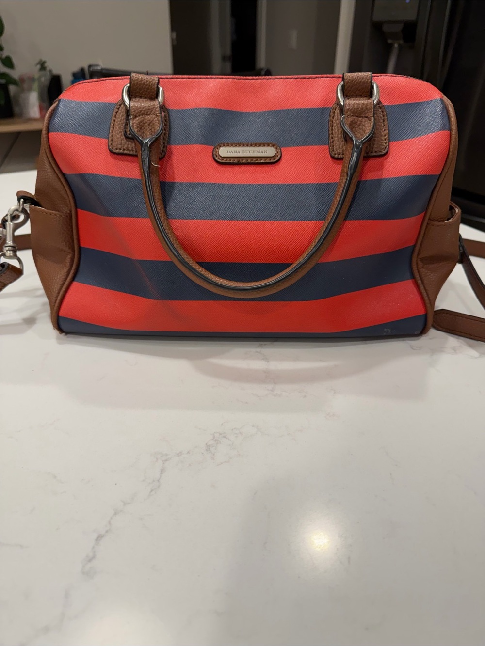 Dana Buchman Red and Navy Striped Satchel with Brown Trim